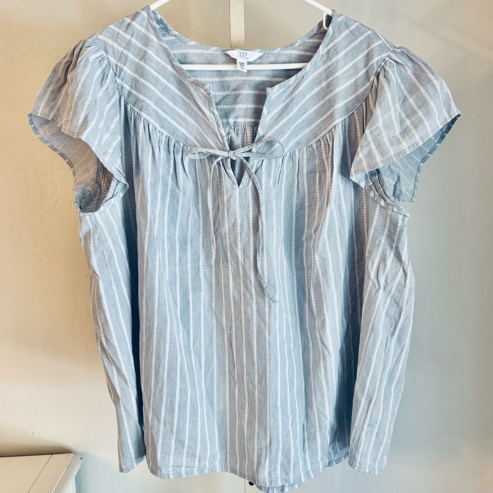 🌿 3 FOR $12 Time and Tru Blue and White Flutter Sleeve Blouse